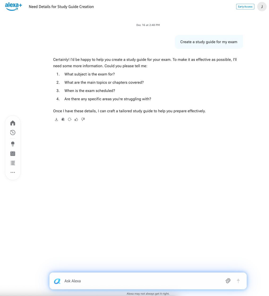 A prompt to create a study guide opened this prefilled chat session.